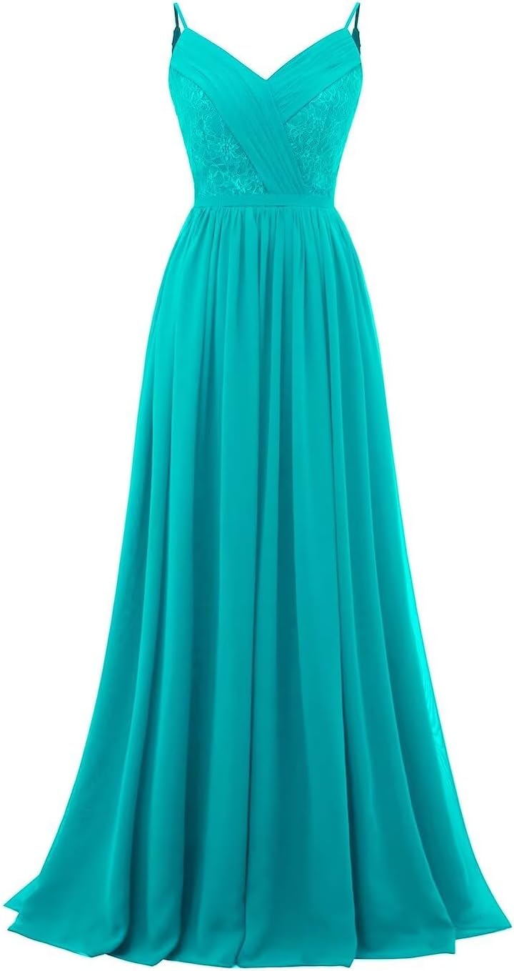 Women's Lace Chiffon Bridesmaid Dresses for Wedding Long Spaghetti Straps Bodice Formal Party Gown with Pockets