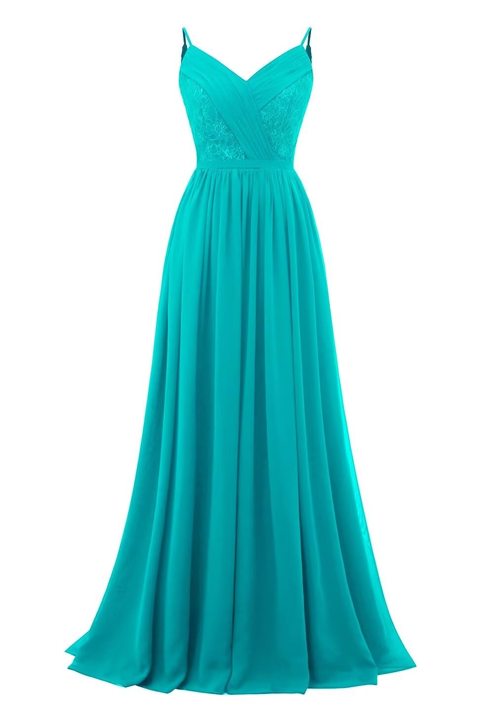 Women's Lace Chiffon Bridesmaid Dresses for Wedding Long Spaghetti Straps Bodice Formal Party Gown with Pockets