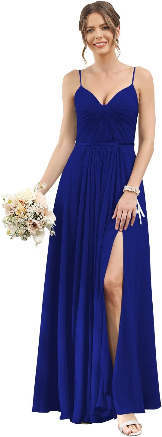 Vestidos de dama de honor largos con tirantes finos y bolsillos, plisados, formales, de noche, con abertura 