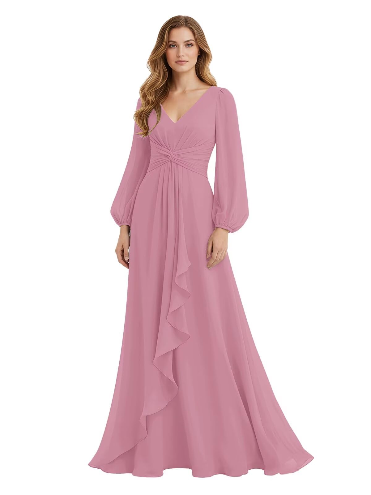 Women's Chiffon Bridesmaid Dresses Long Sleeve Ruffles V-Neck Pleated Formal Wedding Guest Dresses Mother of the bride Dress