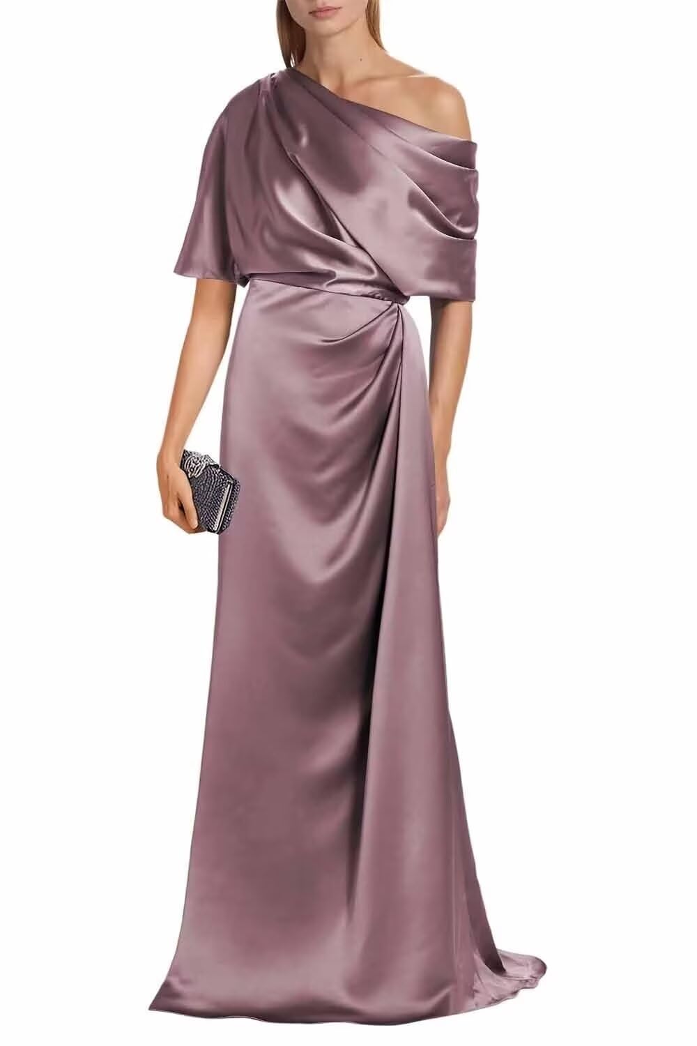 Satin Mother of The Bride Dresses for Wedding One Shoulder Formal Dress with Sleeves Mermaid Evening Party Gowns