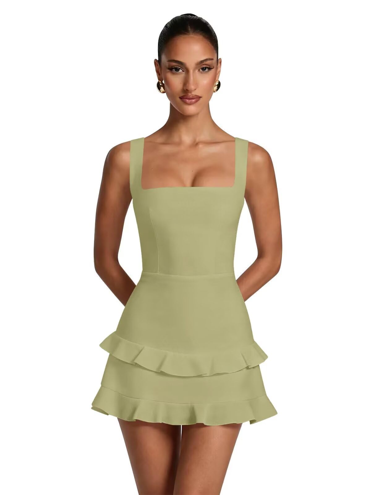 Spaghetti Straps Satin Homecoming Dresses for Teens 2026 Square Neck Tiered Ruffles Short Prom Dress