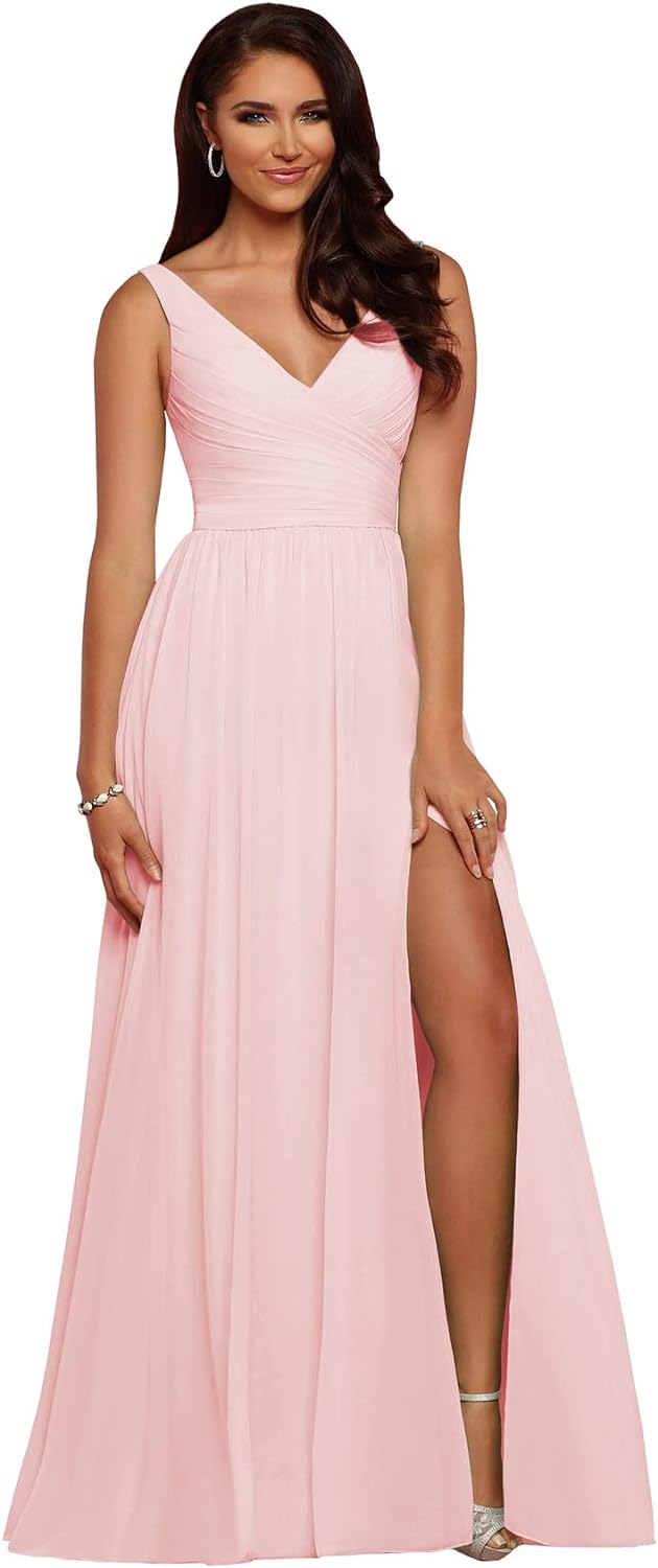 Vestidos de dama de honor largos con escote en V y abertura en gasa, corte A, plisados, para noche, fiesta formal