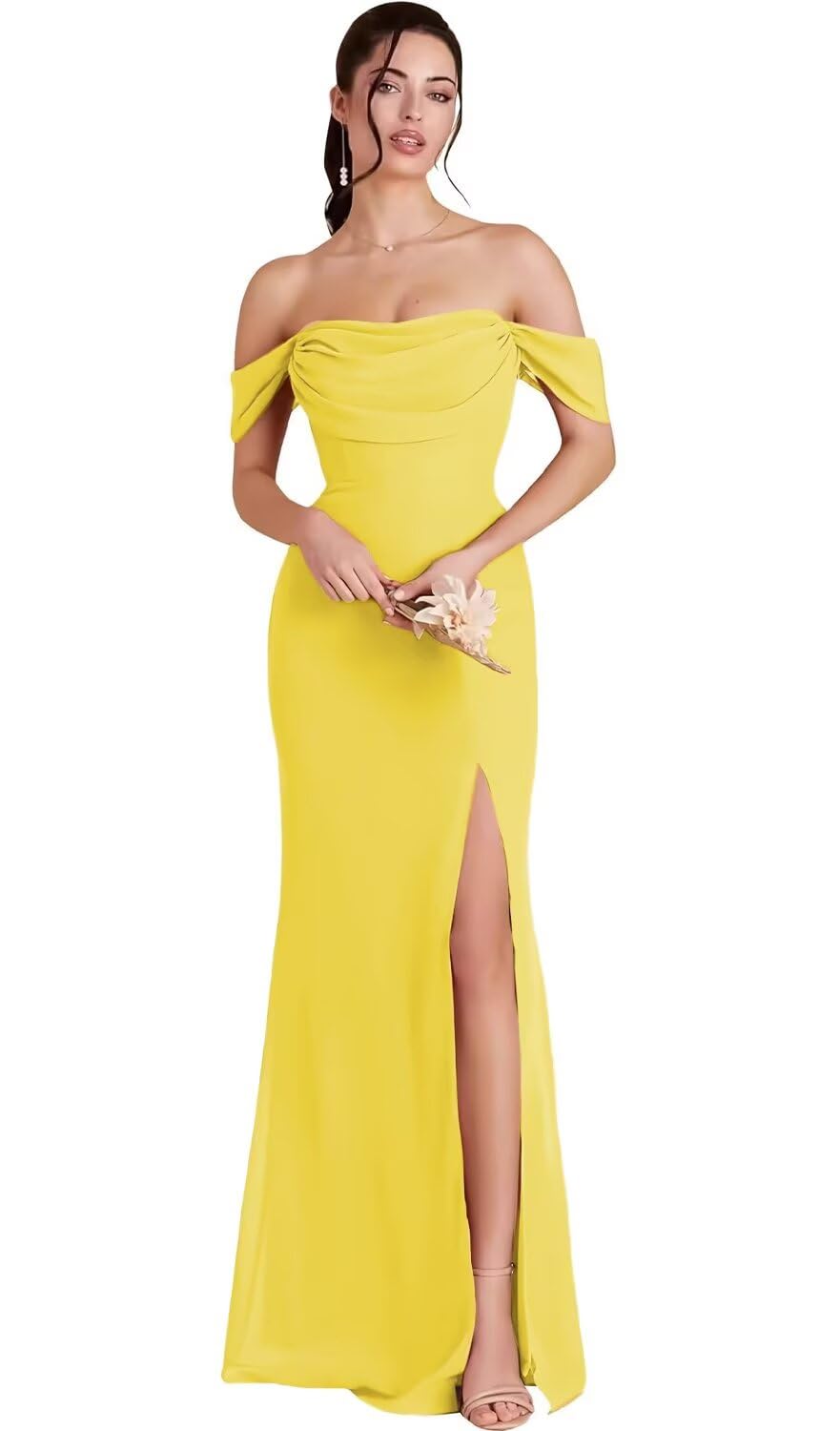 Kingbridal Gowns Off Shoulder Chiffon Bridesmaid Dresses for Women 2026 Long Ruched Cowl Neck Formal Evening Party Dress with Slit