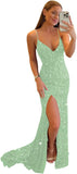 Women's Sequin Mermaid Prom Dresses with Slit Glitter Criss-Cross Long Formal Evening Gowns