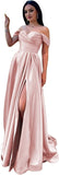Schulterfreies Satin-Ballkleid, herzförmiger Ausschnitt, formelles Kleid, A-Linie, Abendkleid mit Schlitz 