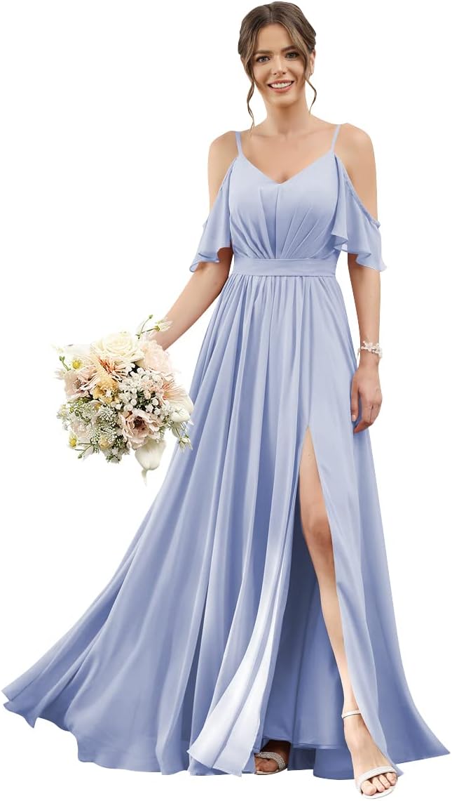 Women's Cold Shoulder Ruffle Sleeves Bridesmaid Dresses for Women 2025 Pleated Chiffon Formal Dresses with Slit