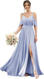 Women's Cold Shoulder Ruffle Sleeves Bridesmaid Dresses for Women 2025 Pleated Chiffon Formal Dresses with Slit