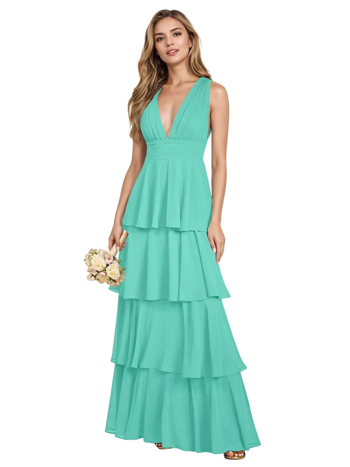 V Neck Chiffon Bridesmaid Dresses for Women 2027 Long Tiered A-Line Ruffles Formal Evening Party Dress