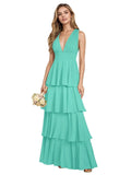 V Neck Chiffon Bridesmaid Dresses for Women 2027 Long Tiered A-Line Ruffles Formal Evening Party Dress