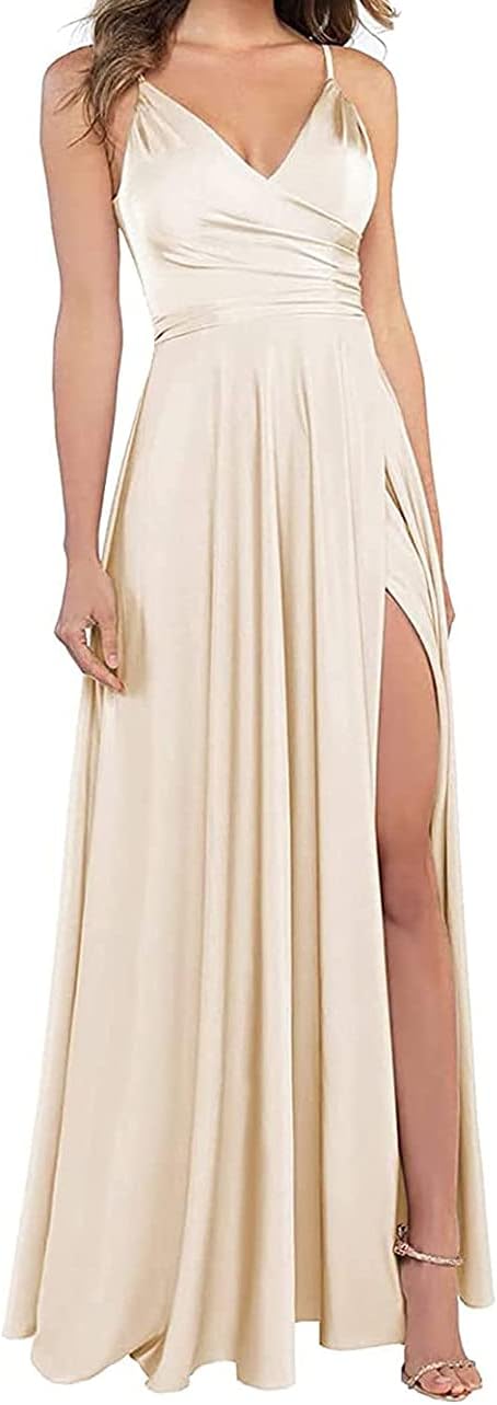 Lange Brautjungfernkleider für Frauen, formelle Satin-Spaghettiträger, Abschlussball- und Abendkleider 