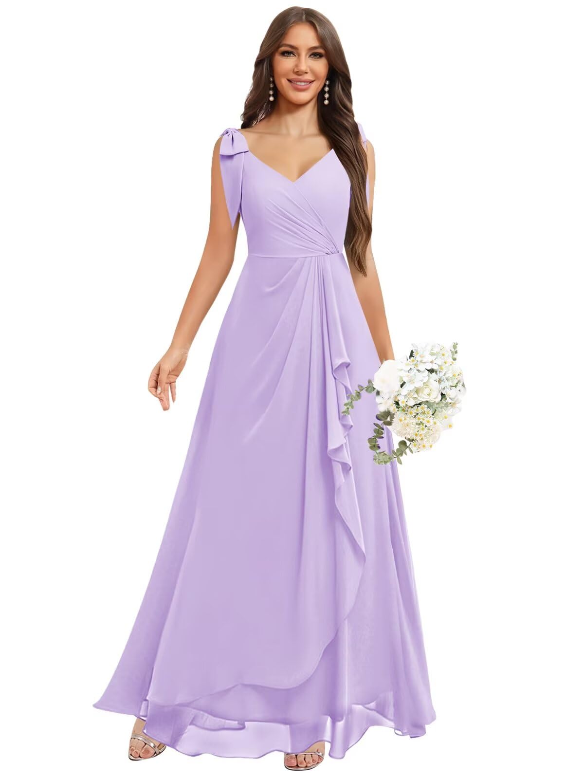 Chiffon Bridesmaid Dresses for Women Ruffles V Neck Flowy Long Formal Evening Dress with Bow
