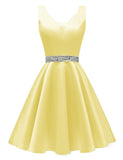 Satin Glitter Homecoming Dresses for Teens Short Prom Dress V-Neck Beaded Evening Formal Cocktail Party Gowns