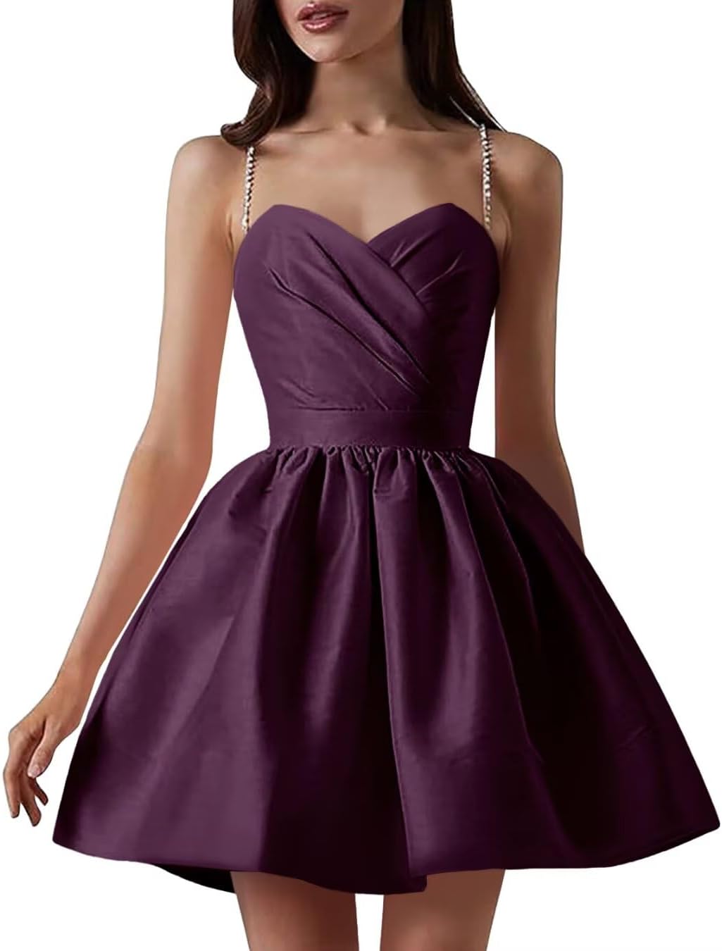 Satin Homecoming Dresses for Teens Spaghetti Straps Short Prom Dress A-Line Cocktail Wedding Guest Dress