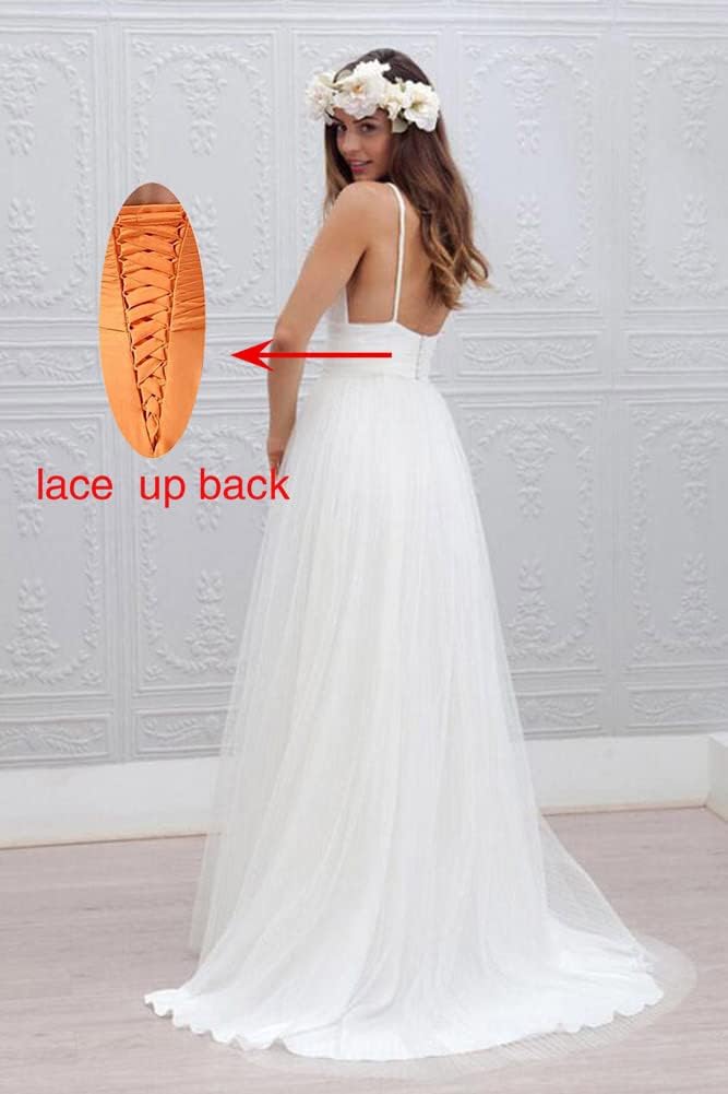 Simple V Neck Wedding Dress for Bride Spaghetti Straps Ruched Tulle Beach Bridal Gowns