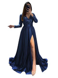Long Sleeve Sequin Prom Dresses for Women 2027 Satin Formal Dress Sparkly Slit Evening Party Gown with Pocket
