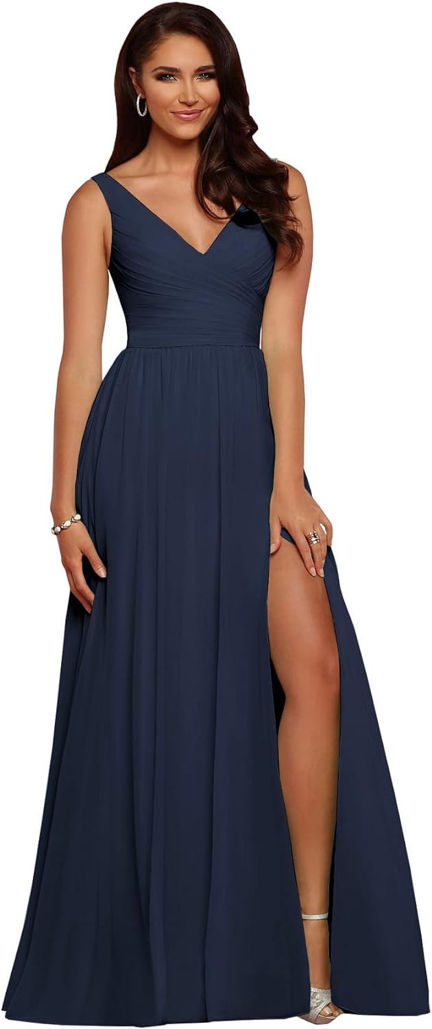 Vestidos de dama de honor largos con escote en V y abertura en gasa, corte A, plisados, para noche, fiesta formal