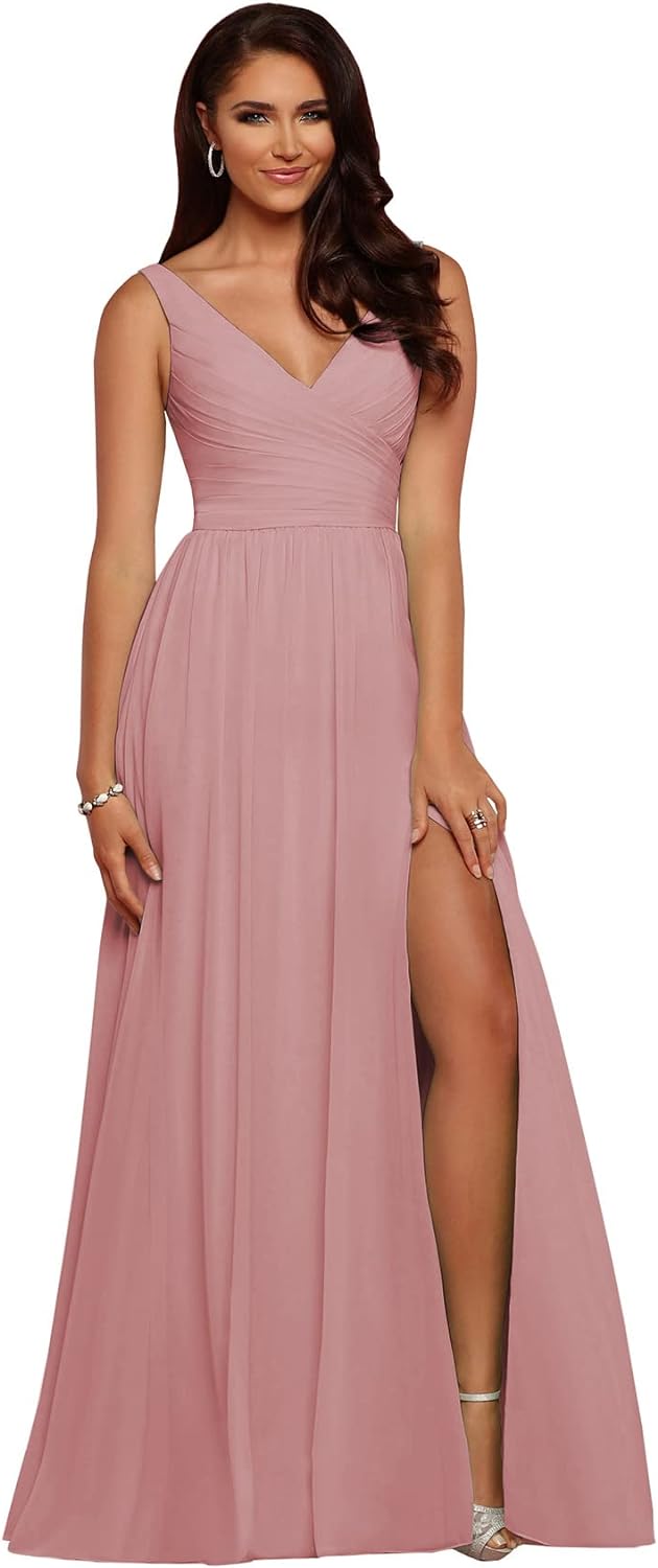 Vestidos de dama de honor largos con escote en V y abertura en gasa, corte A, plisados, para noche, fiesta formal