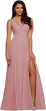 Vestidos de dama de honor largos con escote en V y abertura en gasa, corte A, plisados, para noche, fiesta formal