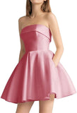 Women's Strapless Satin Short Prom Dresses with Pocket A Line Glitter Homecoming Dress Short Evening Party Ball Gown