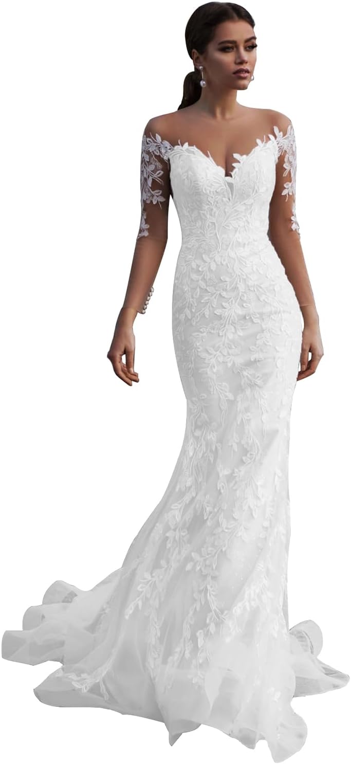 Vestidos de novia bohemios de encaje de manga larga para playa 2026 