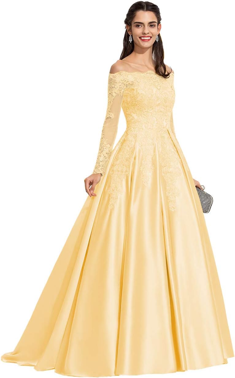 Vestidos de fiesta formales de satén con apliques de encaje y hombros descubiertos para mujer, con mangas largas