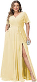 Plus Size Bridesmaid Dresses with Pockets V Neck Chiffon Flutter Sleeves Formal Evening Gowns with Slit