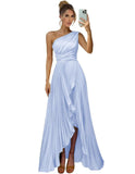 One Shoulder Bridesmaid Dresses for Women Satin Pleated Long A Line Formal Prom Evening Party Dress with Slit