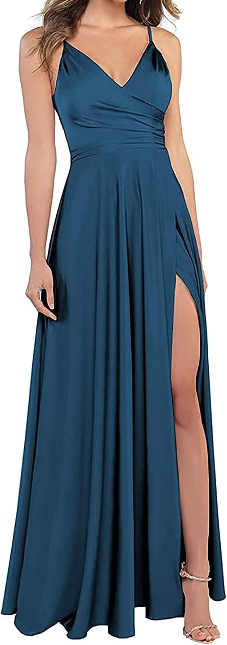 Lange Brautjungfernkleider für Frauen, formelle Satin-Spaghettiträger, Abschlussball- und Abendkleider 