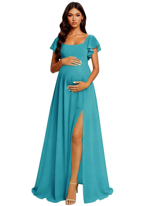Chiffon Ruffle Sleeve Maternity Dresses for Photoshoot Long Slit Robes Baby Shower Gown