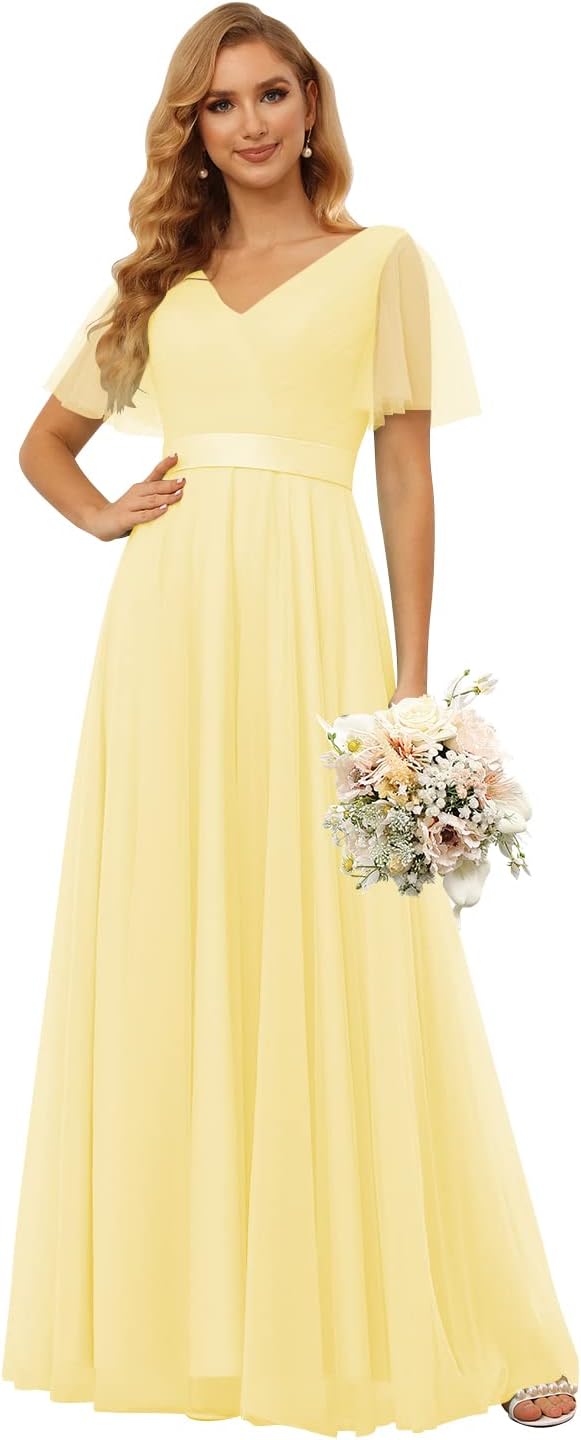 Damen Brautjungfernkleider mit Flatterärmeln, Tüll, lang, V-Ausschnitt, Empire-Taille, formelles Kleid 