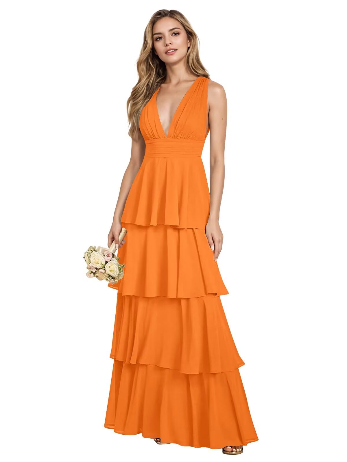 V Neck Chiffon Bridesmaid Dresses for Women 2027 Long Tiered A-Line Ruffles Formal Evening Party Dress