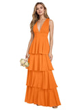 V Neck Chiffon Bridesmaid Dresses for Women 2027 Long Tiered A-Line Ruffles Formal Evening Party Dress