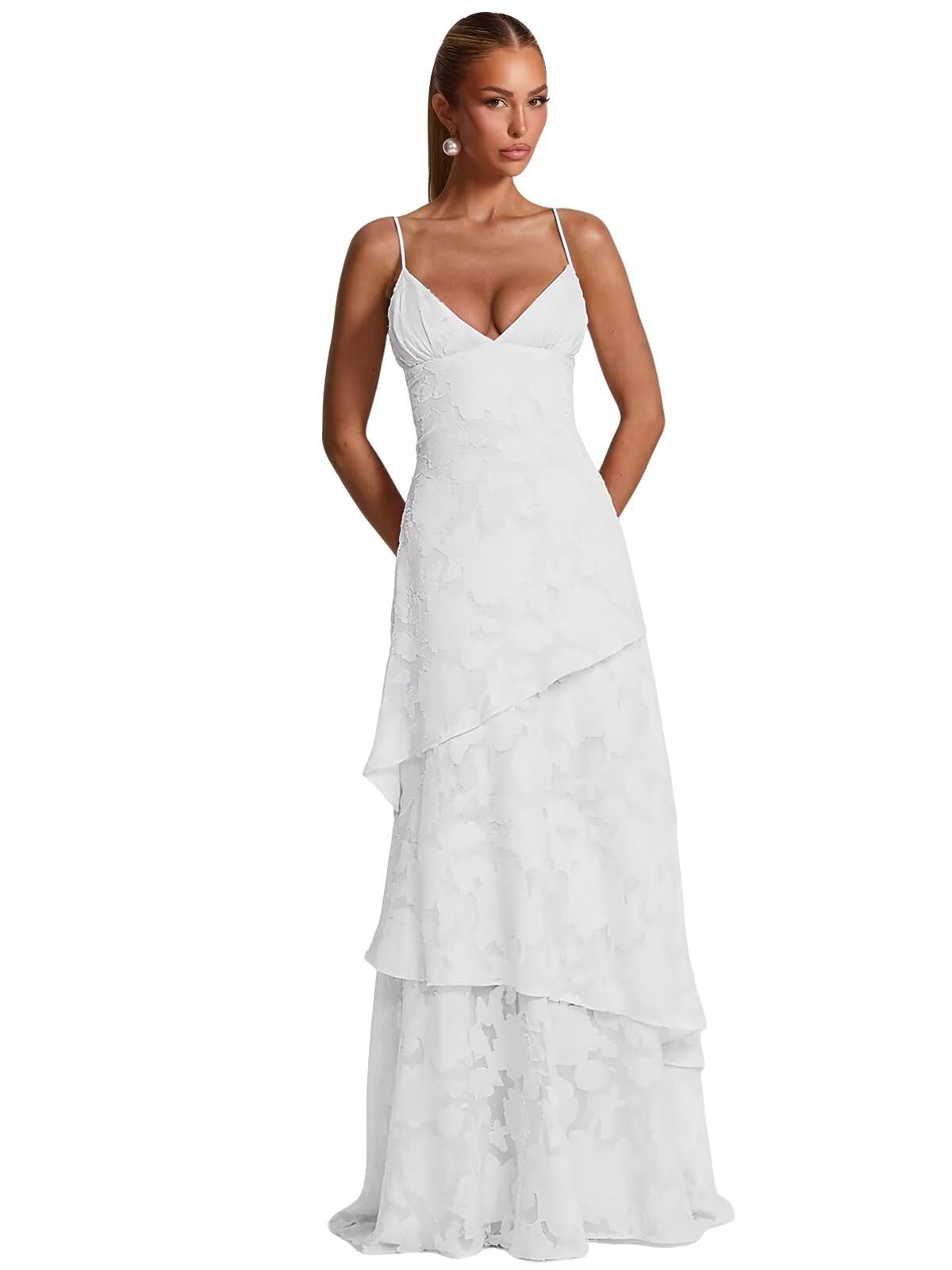 Spaghetti Strap Floral Bridesmaid Dresses for Women Tiered Ruffle A-Line Long Formal Prom Dress