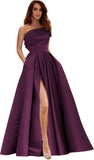 Women's One Shoulder Prom Dresses Long Satin Side Slit Formal Evening Gowns with Pockets