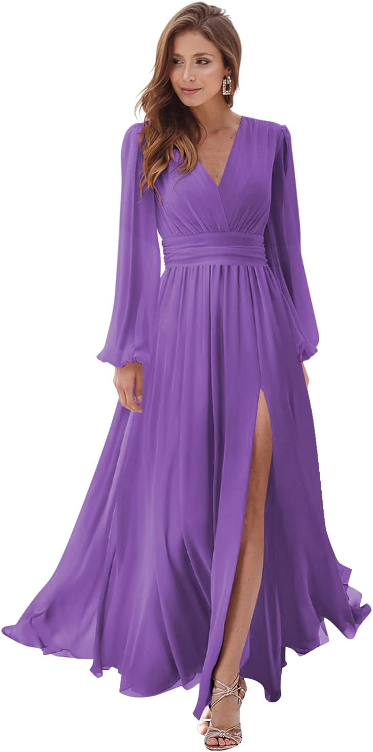 Women's Long Sleeve Bridesmaid Dresses with Slit V Neck A Line Chiffon Formal Evening Gowns with Pockets Mother of the Bride Gowns