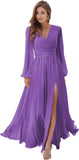 Women's Long Sleeve Bridesmaid Dresses with Slit V Neck A Line Chiffon Formal Evening Gowns with Pockets Mother of the Bride Gowns
