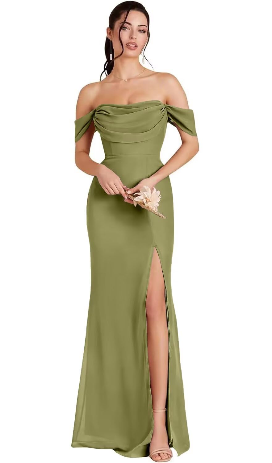 Kingbridal Gowns Off Shoulder Chiffon Bridesmaid Dresses for Women 2026 Long Ruched Cowl Neck Formal Evening Party Dress with Slit