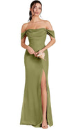 Kingbridal Gowns Off Shoulder Chiffon Bridesmaid Dresses for Women 2026 Long Ruched Cowl Neck Formal Evening Party Dress with Slit