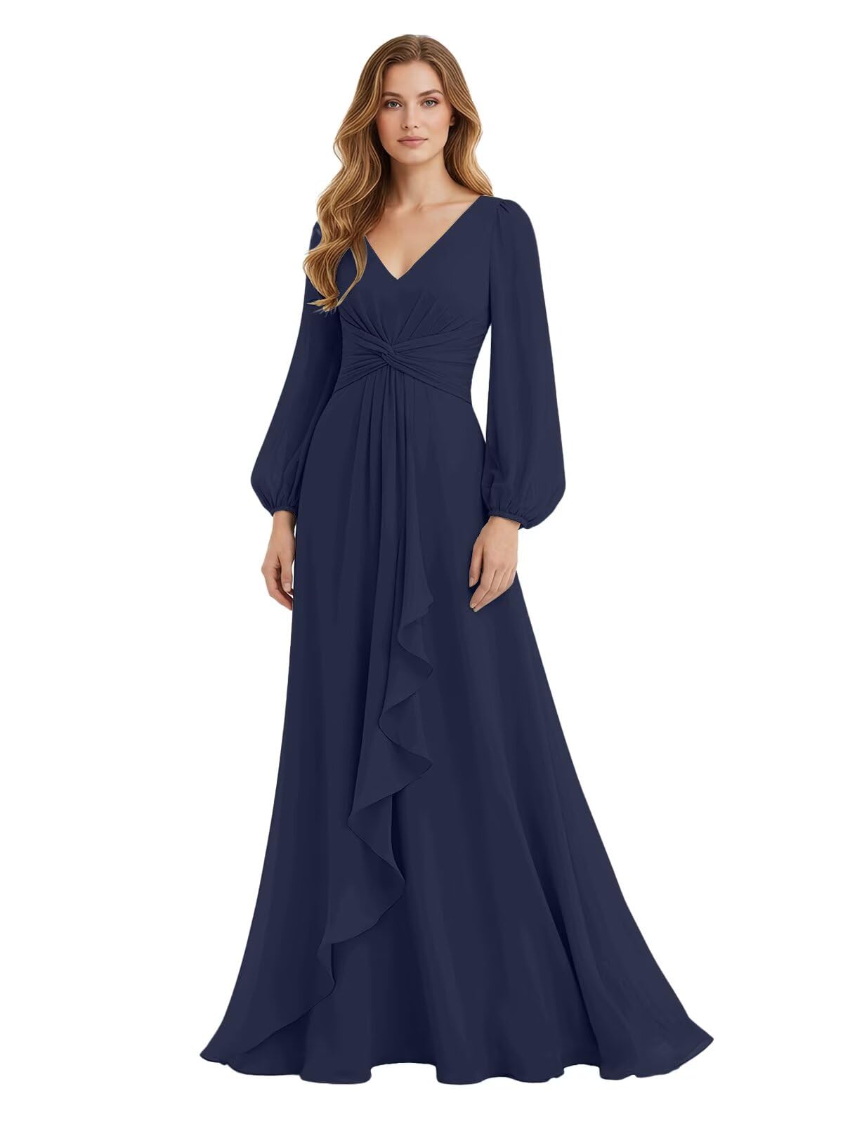 Women's Chiffon Bridesmaid Dresses Long Sleeve Ruffles V-Neck Pleated Formal Wedding Guest Dresses Mother of the bride Dress