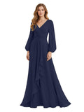 Women's Chiffon Bridesmaid Dresses Long Sleeve Ruffles V-Neck Pleated Formal Wedding Guest Dresses Mother of the bride Dress