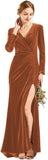 Langärmliges Brautjungfernkleid aus Samt mit Schlitz, V-Ausschnitt, Meerjungfrau-Stil, formelles Kleid für Damen