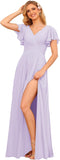 V Neck Bridesmaid Dresses for Women with Slit 2025 Flutter Sleeve Chiffon Pleats Formal Dress with Pockets