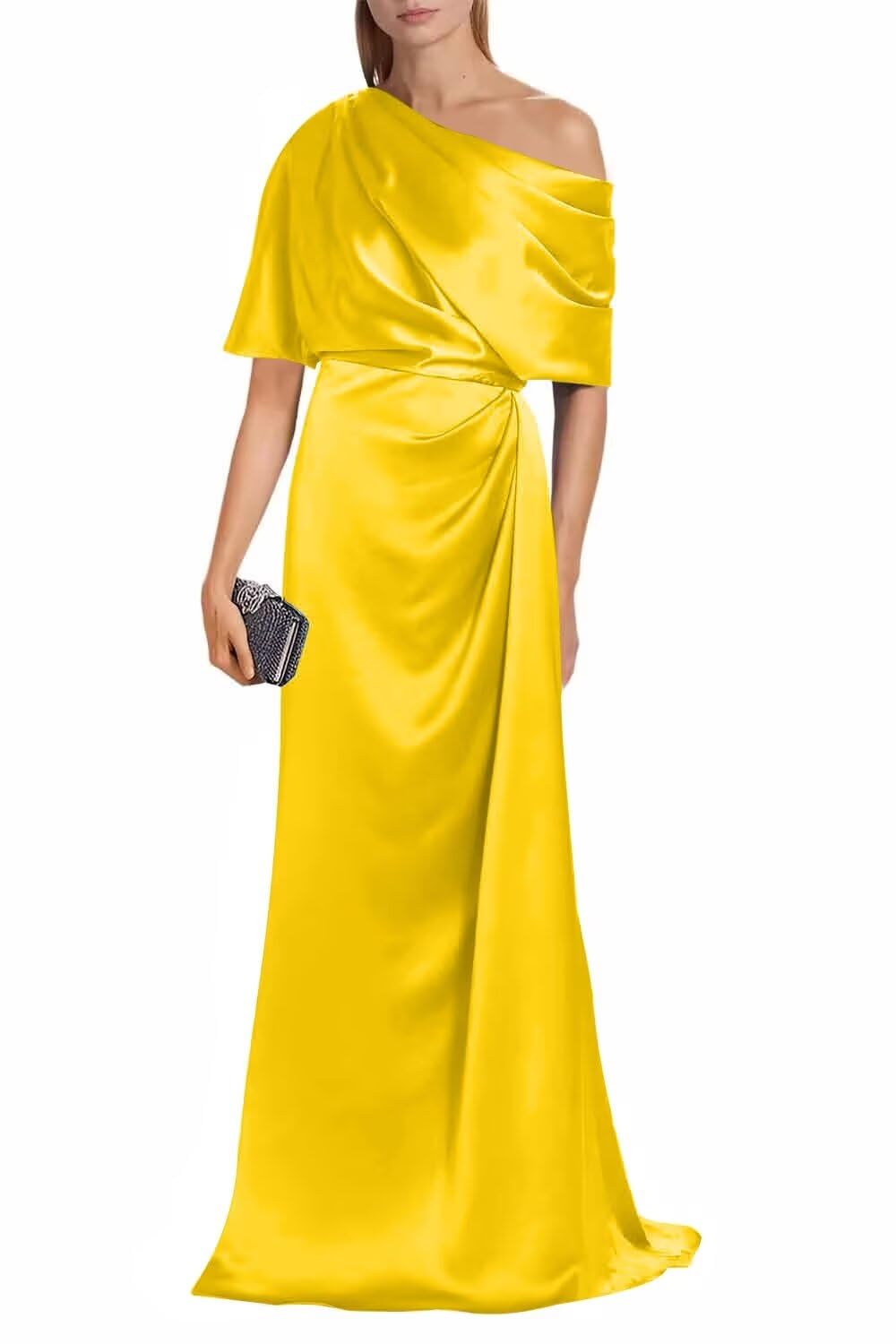 Satin Mother of The Bride Dresses for Wedding One Shoulder Formal Dress with Sleeves Mermaid Evening Party Gowns