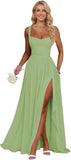 Ruffle Chiffon Bridesmaid Dress Long Square Neck Pleated Formal Gowns with Slit for Women Plus Size Spaghetti Straps Ruffles