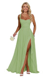Ruffle Chiffon Bridesmaid Dress Long Square Neck Pleated Formal Gowns with Slit for Women Plus Size Spaghetti Straps Ruffles