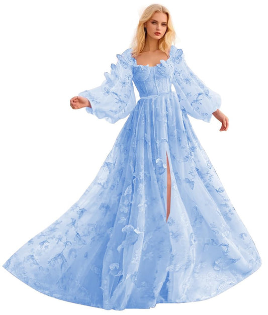 Long Sleeve 3D Butterfly Prom Dresses for Women Formal Fairy Ball Gowns Corset Tulle Evening Gowns with Slit 2026