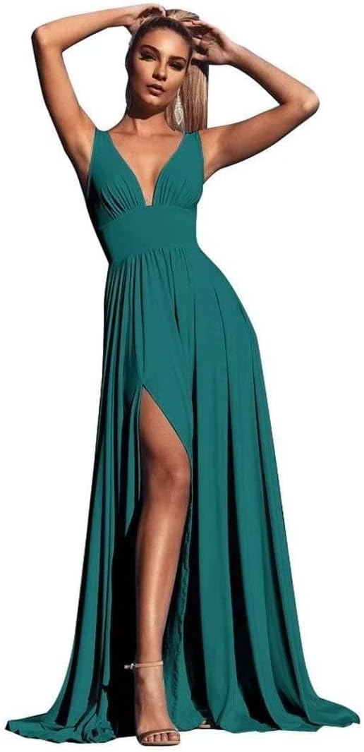 V-Ausschnitt Satin Brautjungfernkleider für Hochzeiten Geteilte Ballkleider Lange A-Linie Abendkleider für Damen 