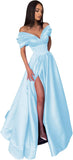 Women’s Off The Shoulder Prom Dresses with Slit Satin Ruched Long Formal Evening Gowns
