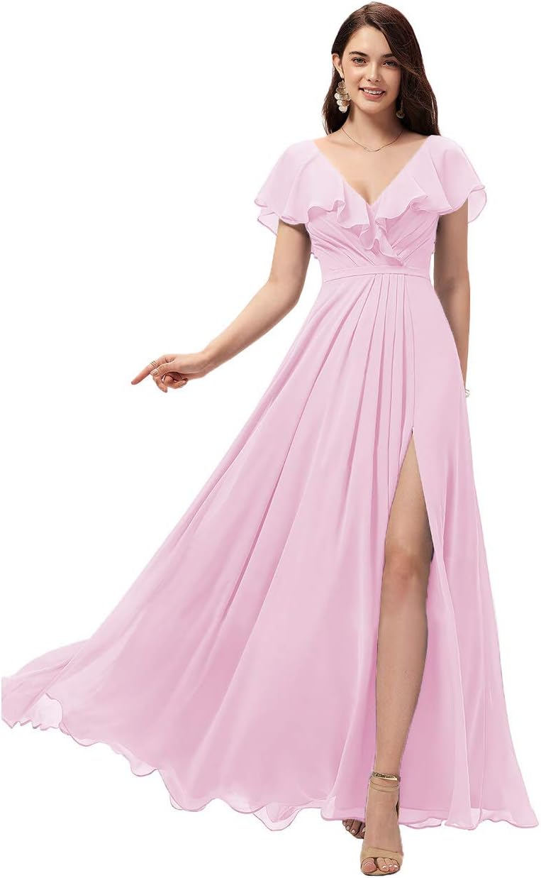 Vestidos de dama de honor largos con escote en V y volantes de gasa para mujer, vestidos de noche formales